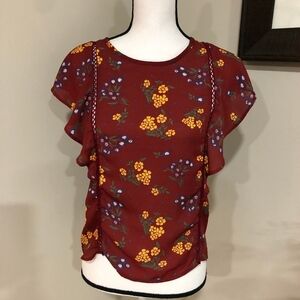 *SIENNA SKY* Maroon x Yellow Floral Ruffle Shirt